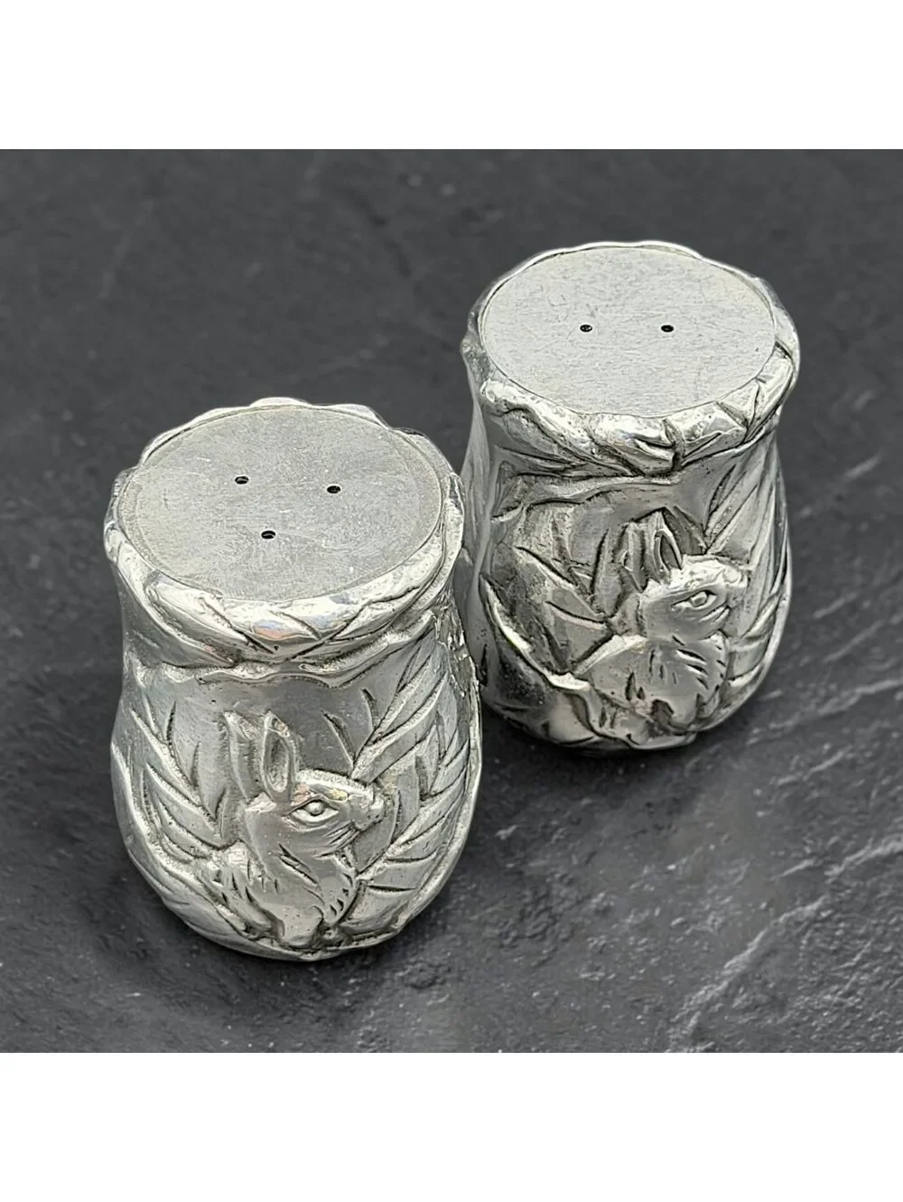 Vintage CRK 1991 Rabbit Salt & Pepper Shakers Silver Tone Bunny Pair
